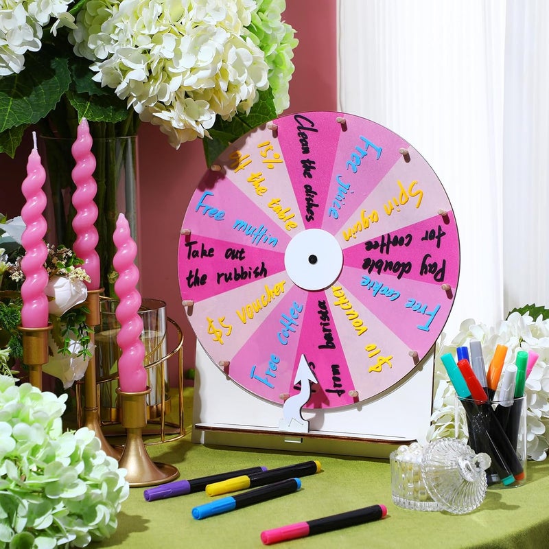 Memorywuu 11.4 Inch Spinning Wheel Erasable Raffle Spin The Wheel Game with Stand and Arrow Wooden Prize Tabletop Spinner Raffle Roulette for Wedding Family Bridal Party Baby Shower Games(Pink) - Image 4